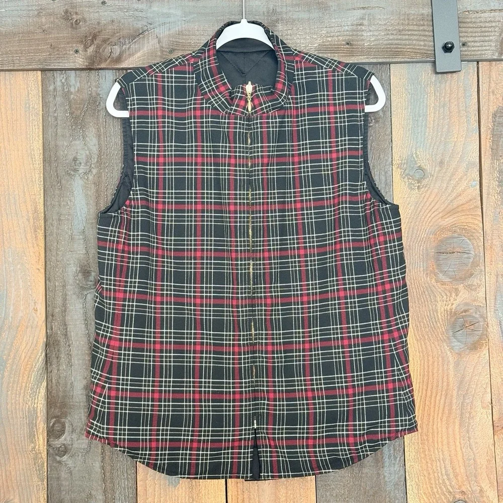St. John Sport Women's Reversible Full Zip Vest Red Plaid Black Size Large